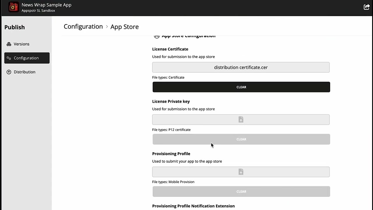 Publishing | Configuration | iOS |  Licence Private Key