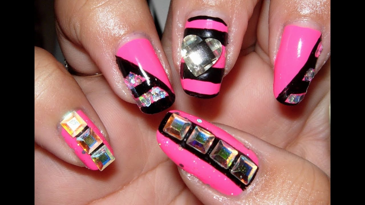 Easy Hot Pink and Black Nails!!