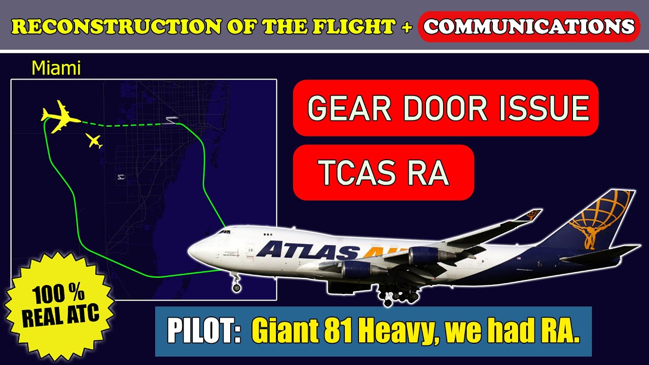 TCAS RA. Gear door issue | Atlas Air Boeing 747-400 | Miami International, Real ATC