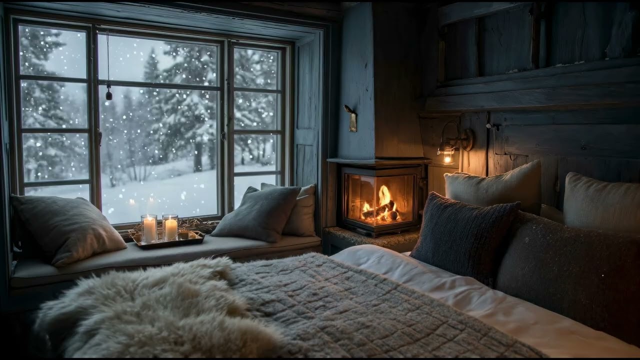 Cozy Winter Fireplace 🌙 Snowfall Outside, Warm Fire Inside (No Music)