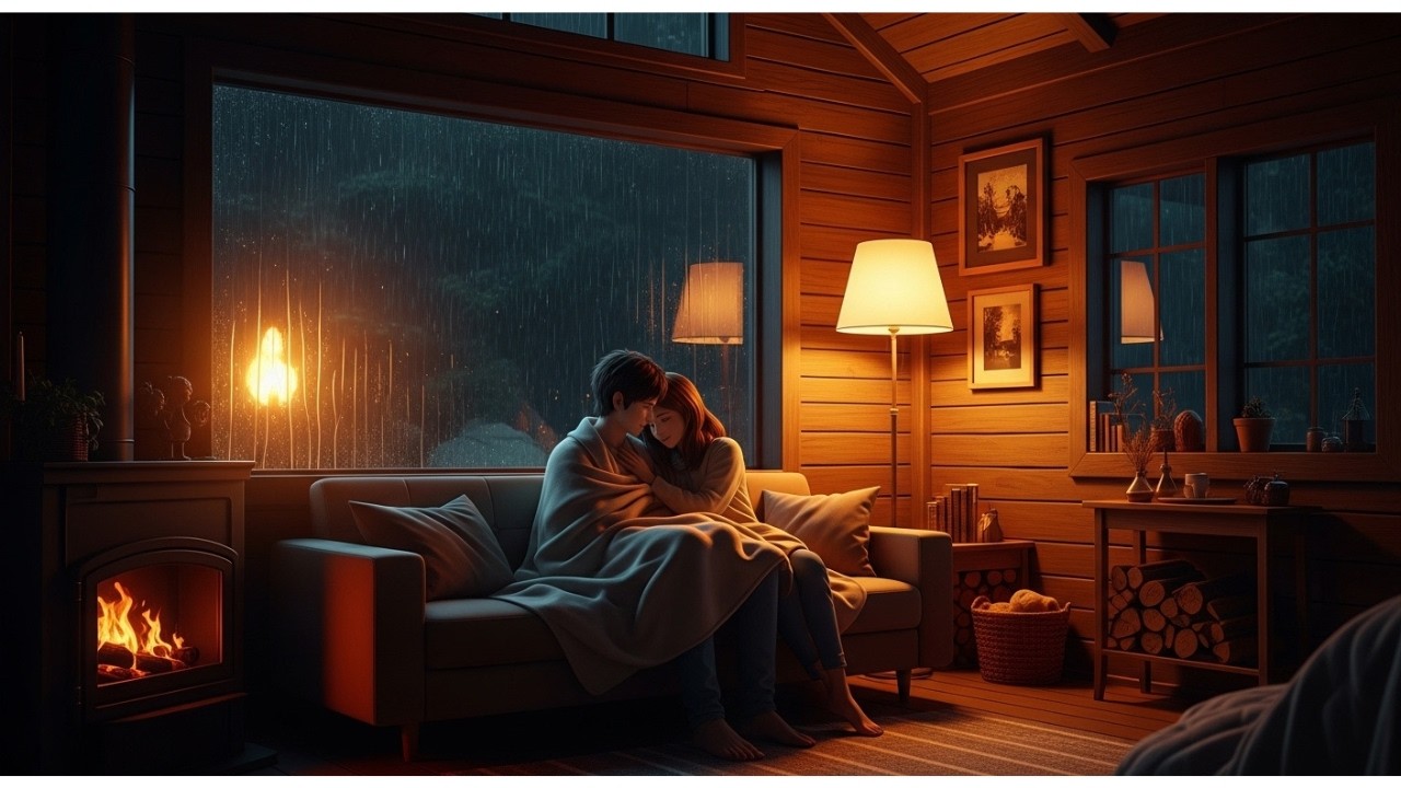 Cozy Rainy Cabin Night 🌧️ Romantic Couple Evening | Ghibli Style ASMR Video