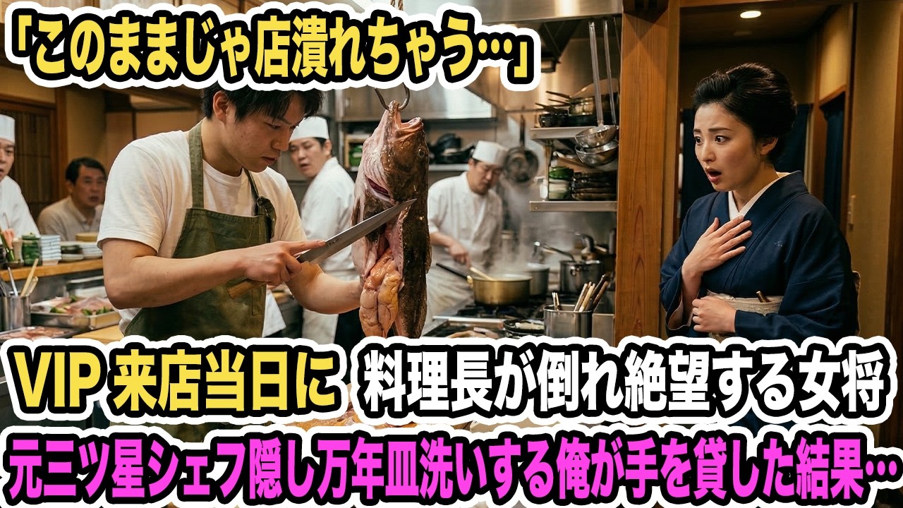 赤字500万の料亭でVIP来店当日に料理長倒れ絶望する女将「このままじゃ店潰れちゃう…」元三ツ星シェフ隠し万年皿洗いする俺が手を貸した結果…【感動する話】