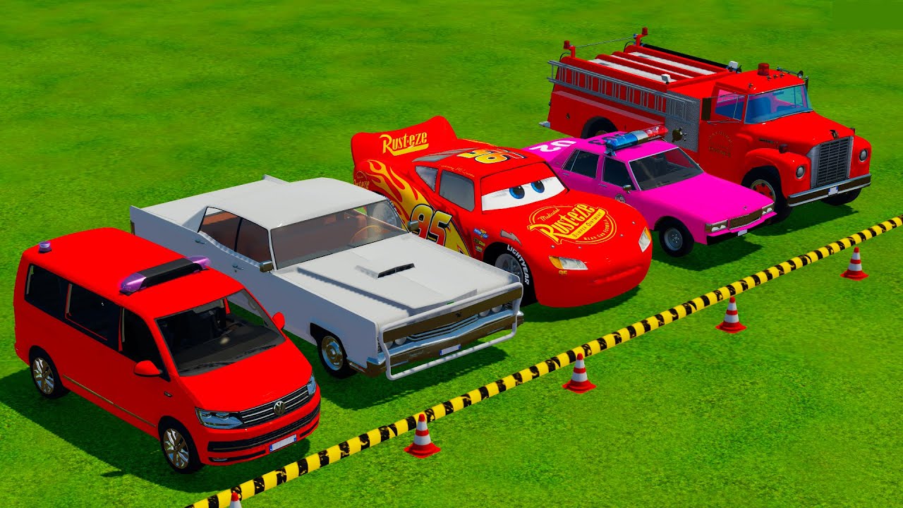 VOLKSWAGEN, MCQUEEN, DACIA POLICE CARS & MERCEDES FIRE TRUCK VEHICLES TRANSPORTING ! FS22