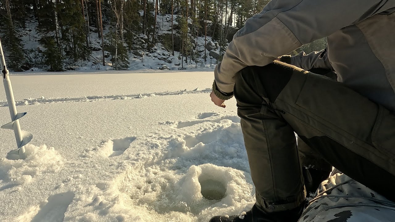 Helmikuinen hiihtoretki metsäjärvelle - pilkkiahvenia ja vaihtelevia olosuhteita