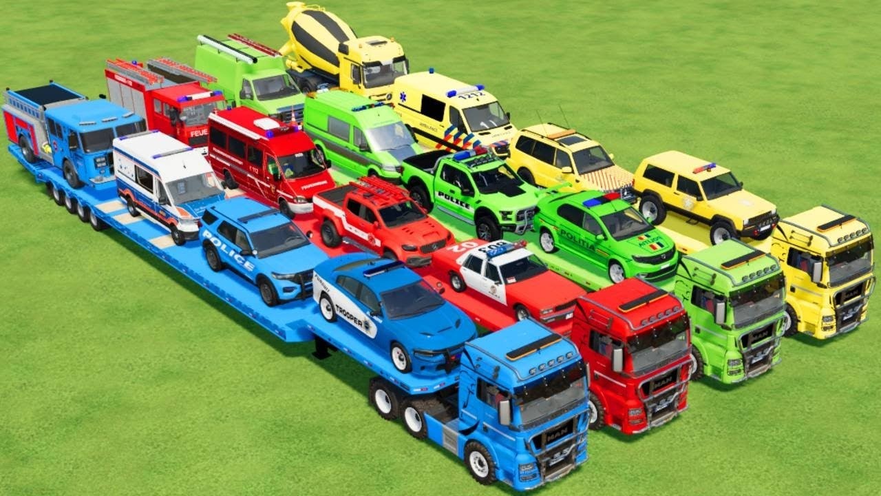 TRANSPORTING POLICE CARS, AMBULANCE, FIRE TRUCK, COLORFUL CARS WITH TRUCK  -FARMING SIMULATOR 22!