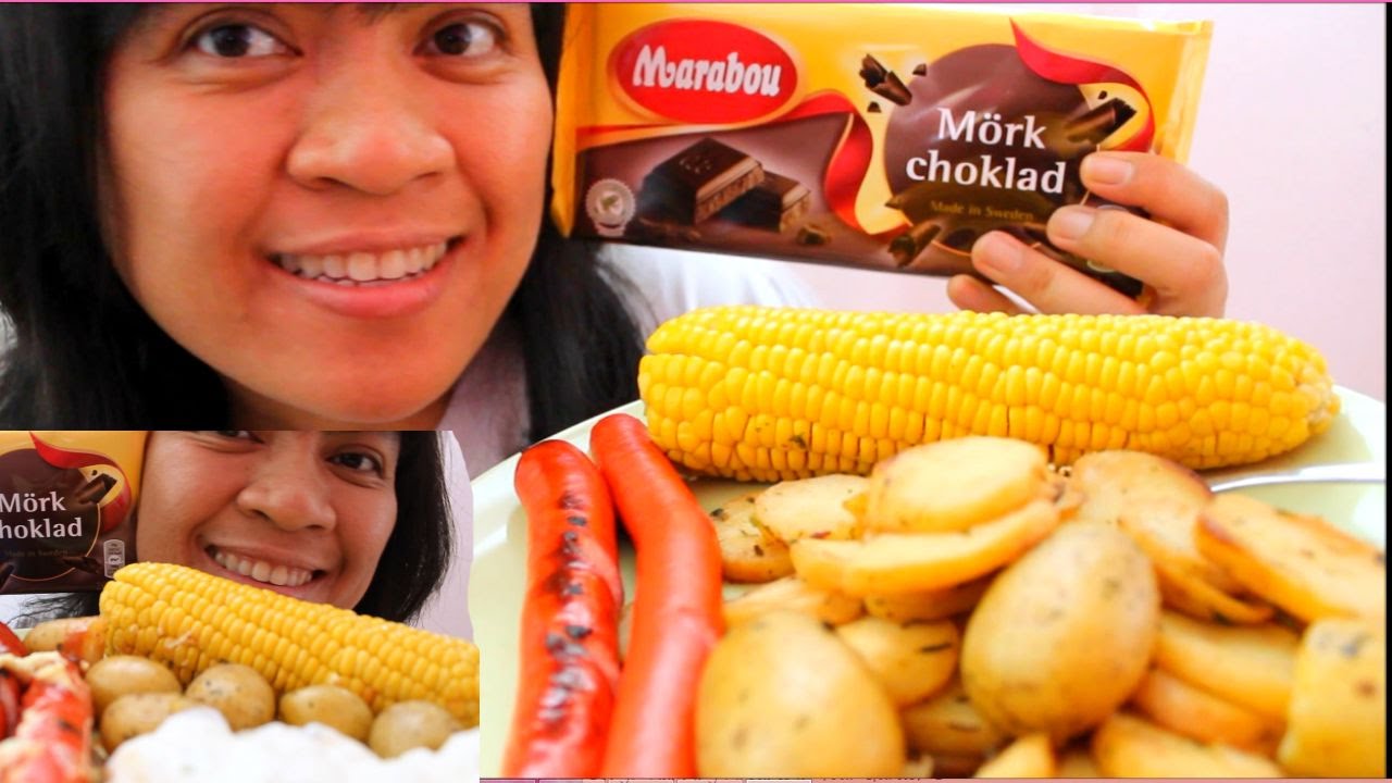 ASMR whisper Marabou dark chocolate, potato salad, corn cob, red hot dogs