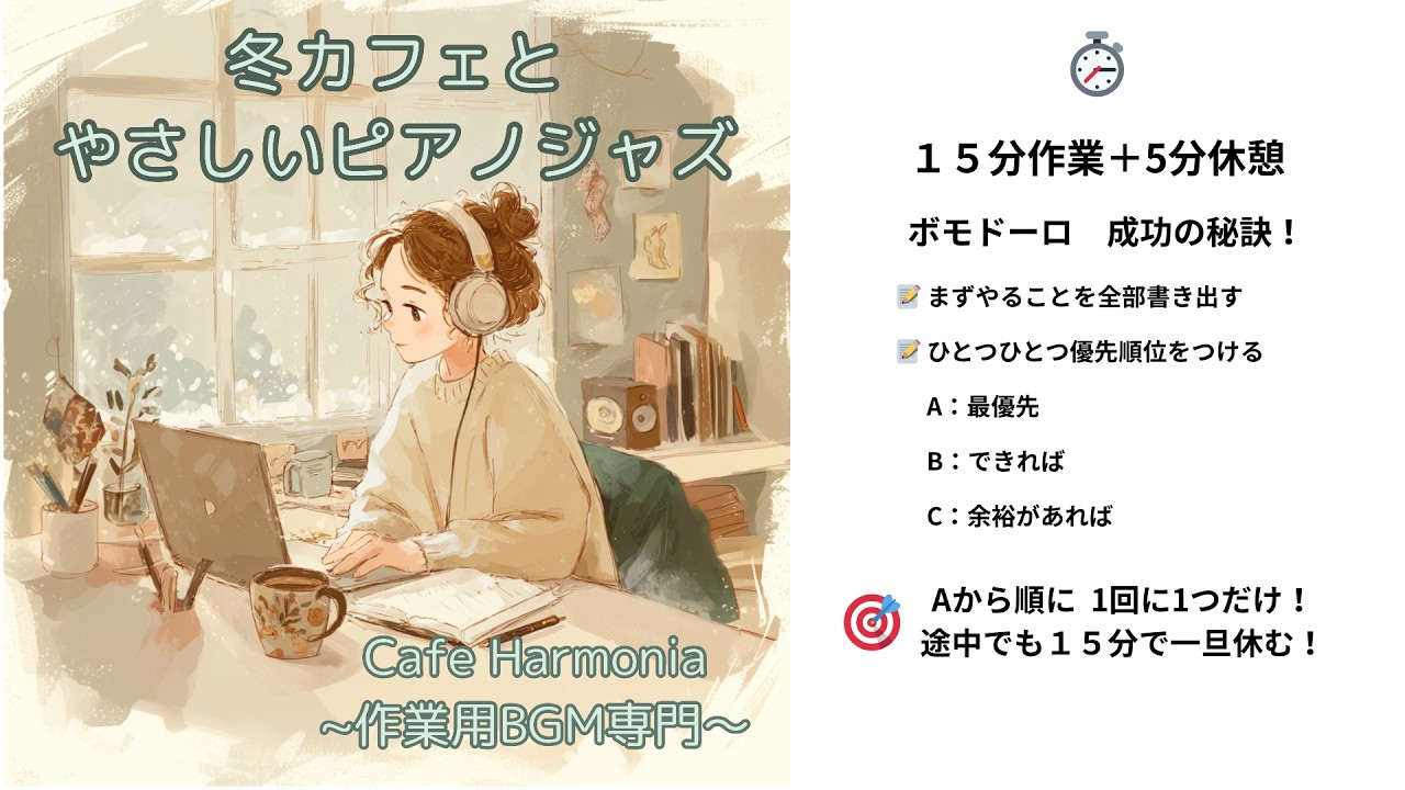 【15分集中】25分が長い人へ。集中力が続く最短ポモドーロタイマー『冬カフェとやさしいピアノジャズ』｜作業用BGM｜ カフェ気分で効率UP｜勉強 集中 音楽｜