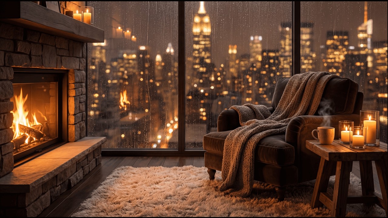 4K Cozy Rainy Night in the City 🌧️ Fireplace & Skyline View | 2 Hours of Deep Relaxation