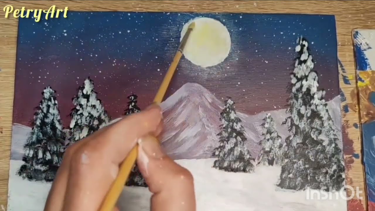 Peisaj de iarnă pictat cu acrilice - Noapte magică în pădure | Tutorial pictură pas cu pas 🌝🌚🌛