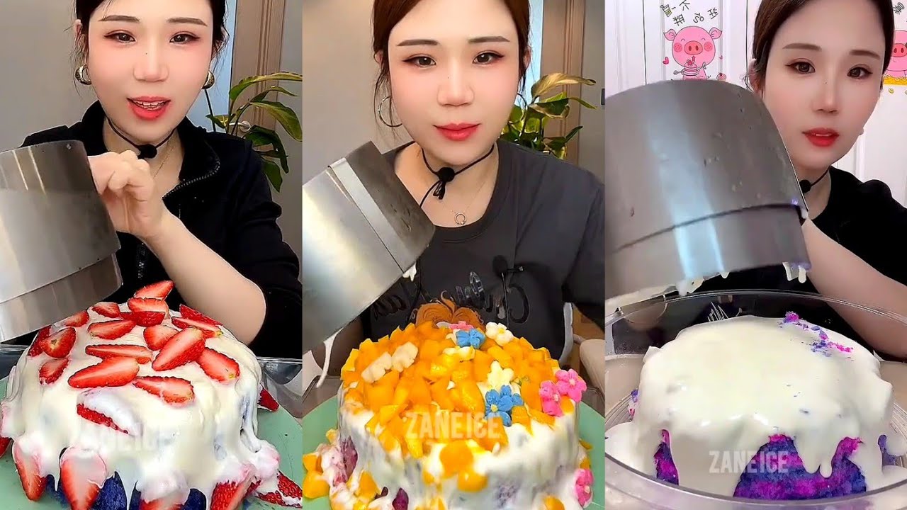 ASMR YY ICE CAKE EATING WITH HEAVY CREAM/ MATCHA/ FRUITS AND OTHER TOPPINGS
