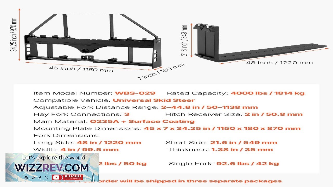 VEVOR Pallet Fork Frame Attachment with 48 inch Skid Steer Pallet Forks 4000