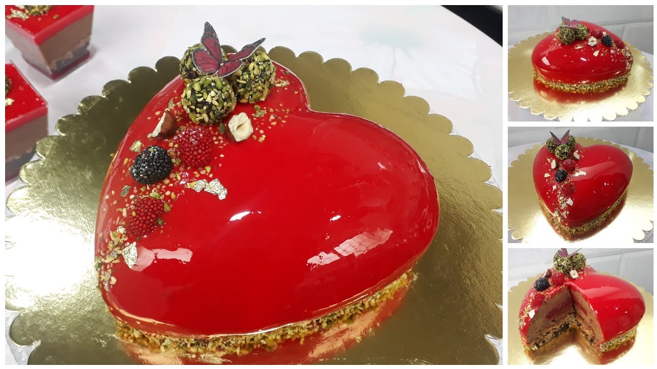 Entremet coeur اونترومي  على  شكل  قلب داكواز موس شوكولاطة  و حشو فرولة  طبقة  مقرمشة وقلاصاج ميروار