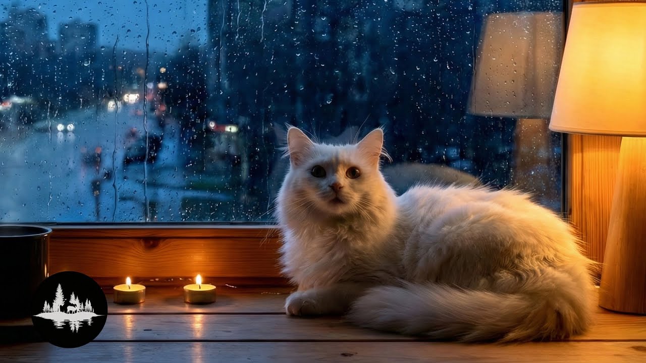 Heavy Rain on Window at Night, Cozy City Apartment with Sleeping Cat - Relaxing Ambience for Sleep