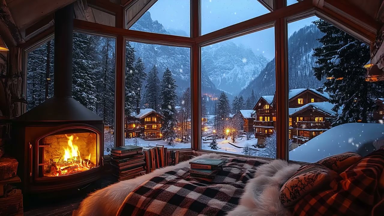Calm Snowfall and Crackling Fireplace ❄️ Cozy Winter Night Ambience for Stress and Insomnia Relief