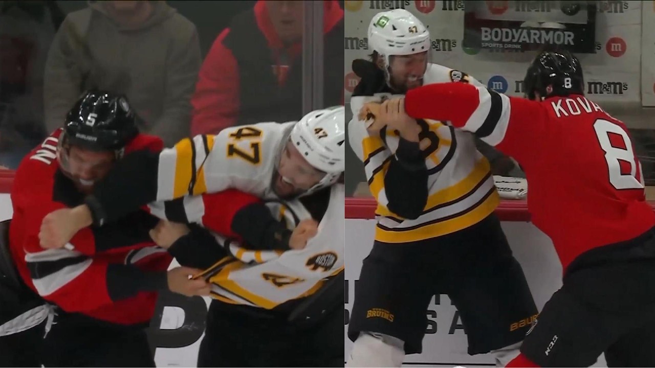 Mark Kastelic takes on Brenden Dillon & Johnathan Kovacevic, Bruins @ Devils -16th Mar 2026