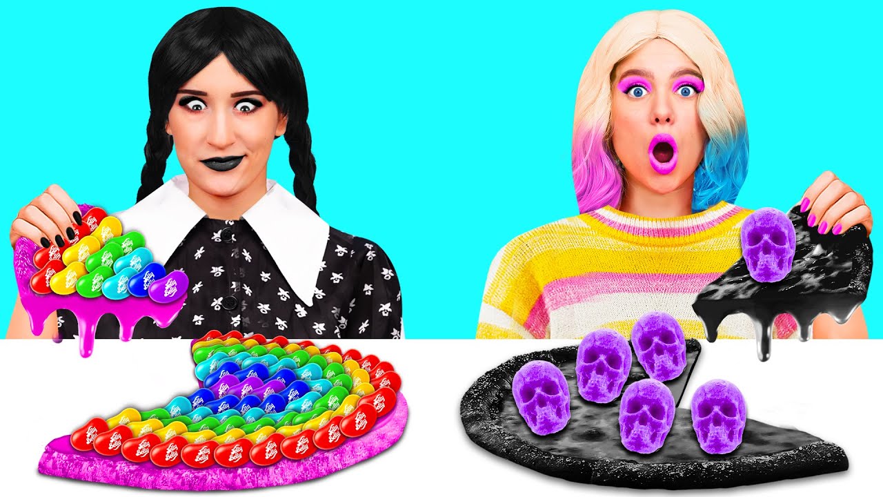 Como Fazer um Arco-Íris Gigante e Pizza Preto Desafio Com Wednesday Addams | Desafios Engraçados