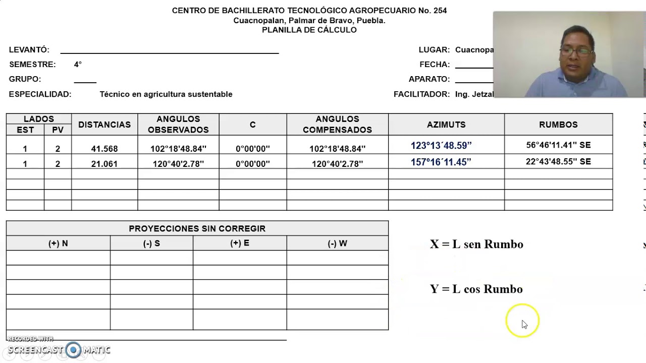 Cálculo de las Proyecciones sin corregir, Error de Cierre Lineal y Tolerancia Lineal.