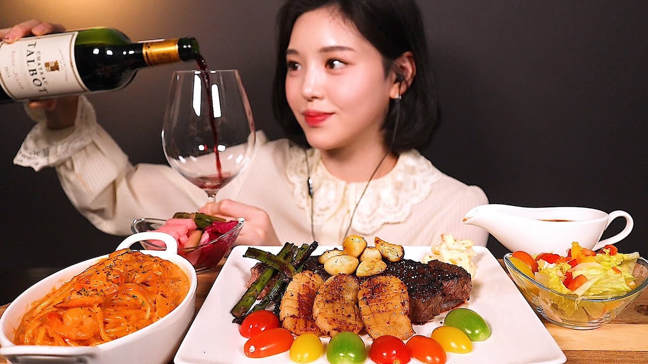 SUB)연말기념🎉 한우 채끝 스테이크에 관자버터구이, 쉬림프 로제 파스타 먹방 (feat.와인🍷) Steak&Rosé Pasta Mukbang ASMR