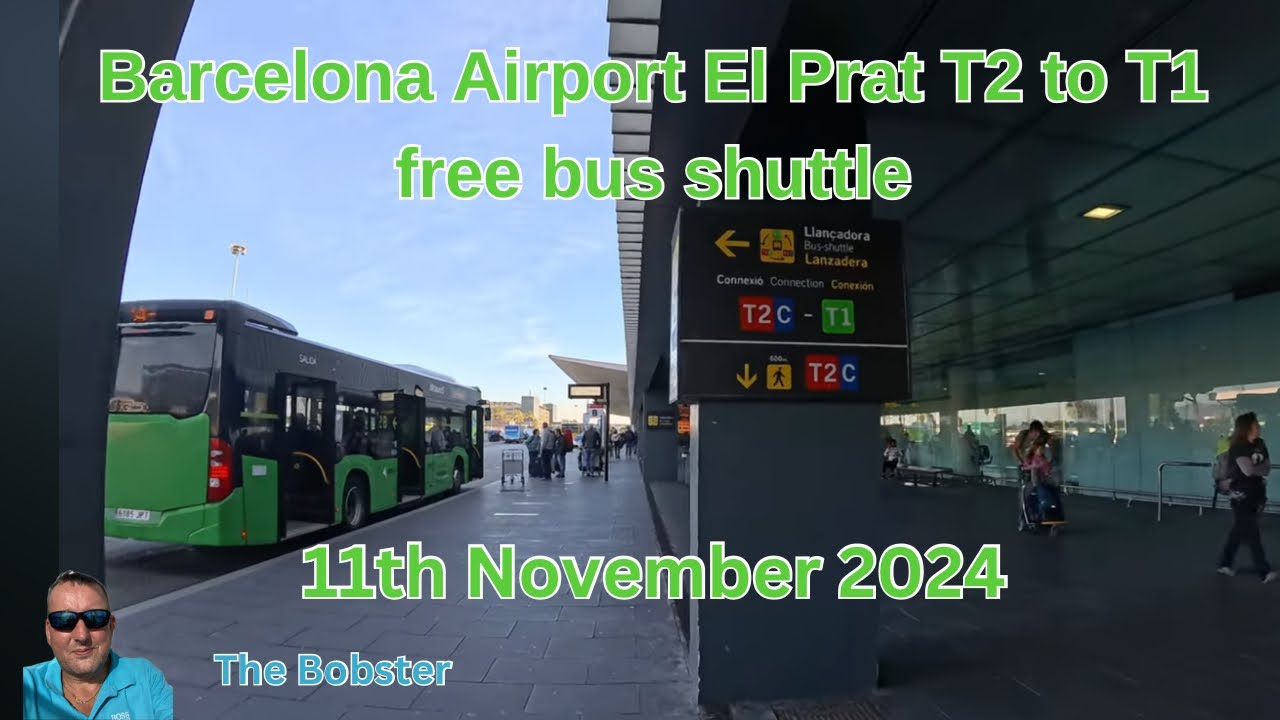 Barcelona El Prat Airport T2 to T1 free bus shuttle.  please subscribe for plane spotting videos.