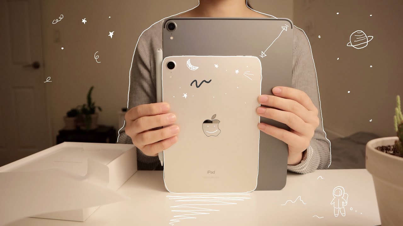 🤍🐻‍❄️ ipad mini 6 (starlight) unboxing + comparison with ipad pro 🦢🤍