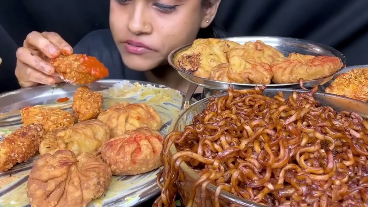 Homemade Gol Gappy Fried Momo Kurkure Blackbean Noodles Chatni Eating show Mukbang mnasmreating 