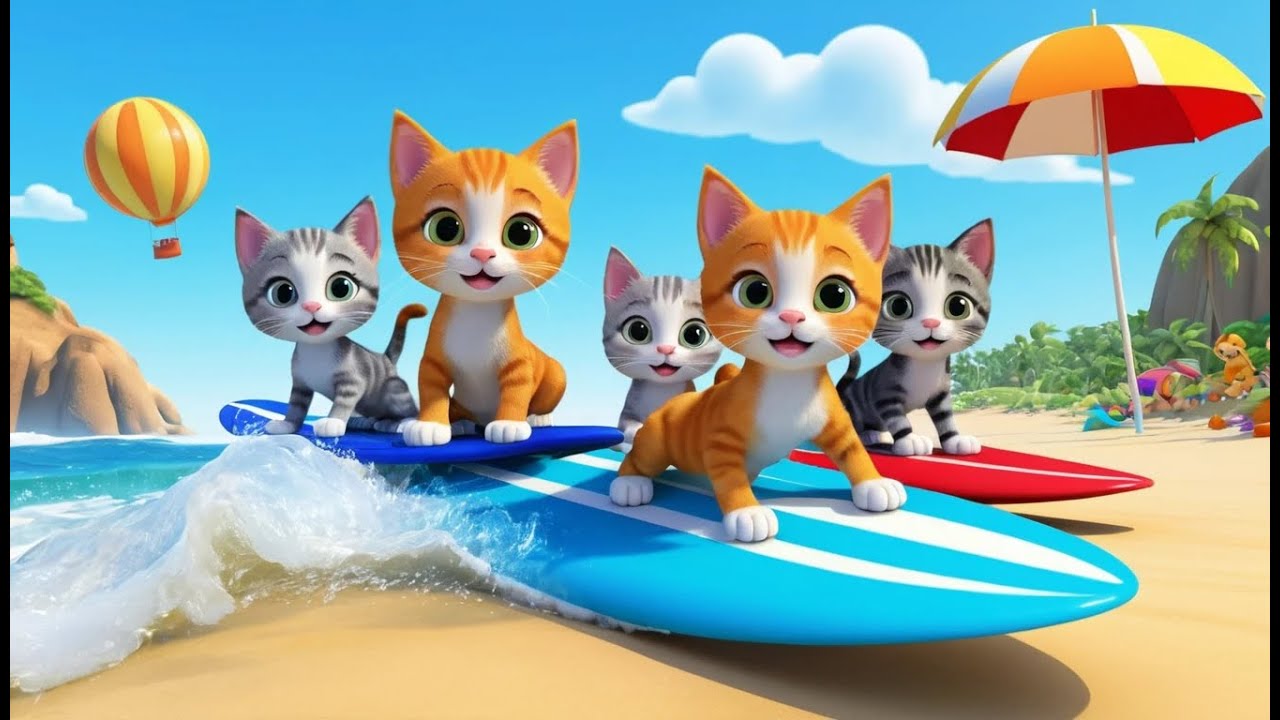Three Goofy Kittens Go Surfing | Funny and Fun Kids Nursery Rhyme Animation