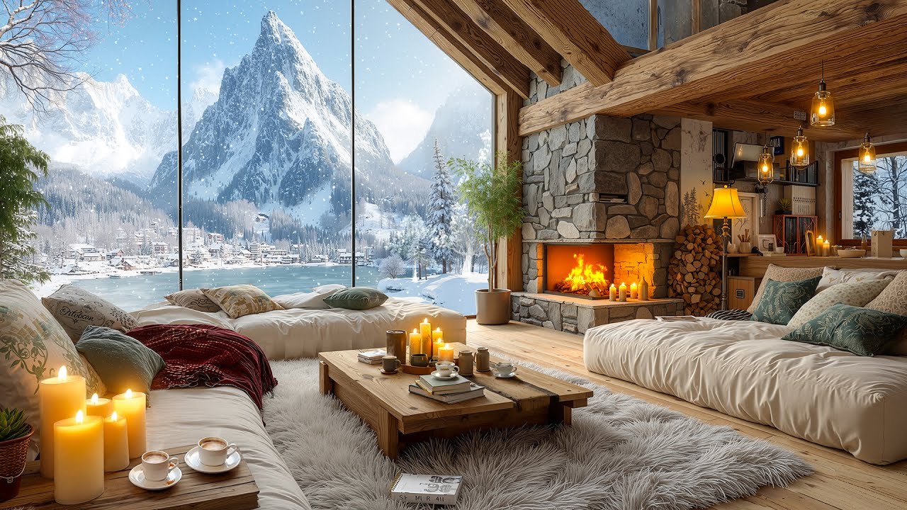 Cozy Winter Jazz ❄️ Lakeside Mountain Villa Living Room 🔥 Fireplace Ambience for Study, Relax