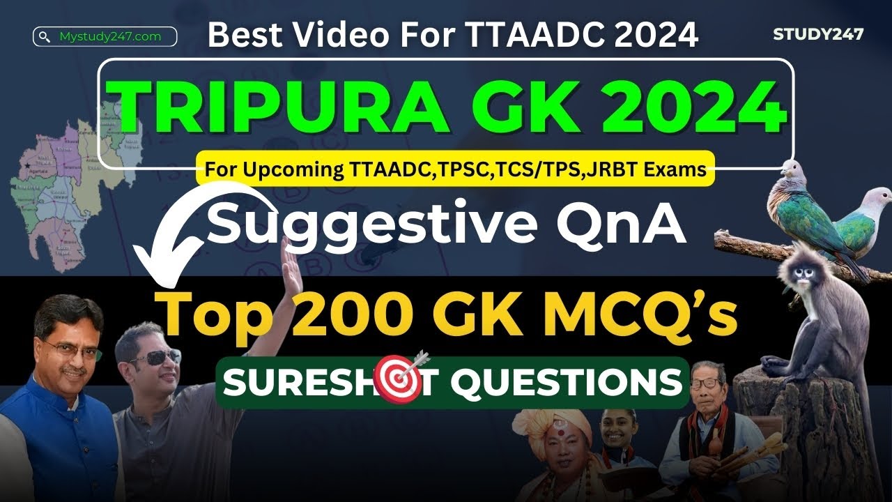 Top 200 Tripura GK MCQ's | History, Geography, Economy  | Best questions for TTAADC,TPSC Exams 2024