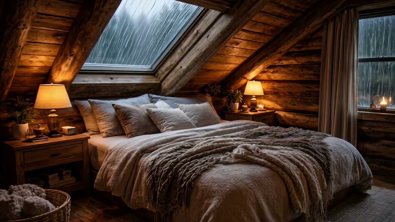 Rain on Skylight Window 🌧️ Cozy Cabin Bedroom Ambience for Deep Sleep #asmrrain