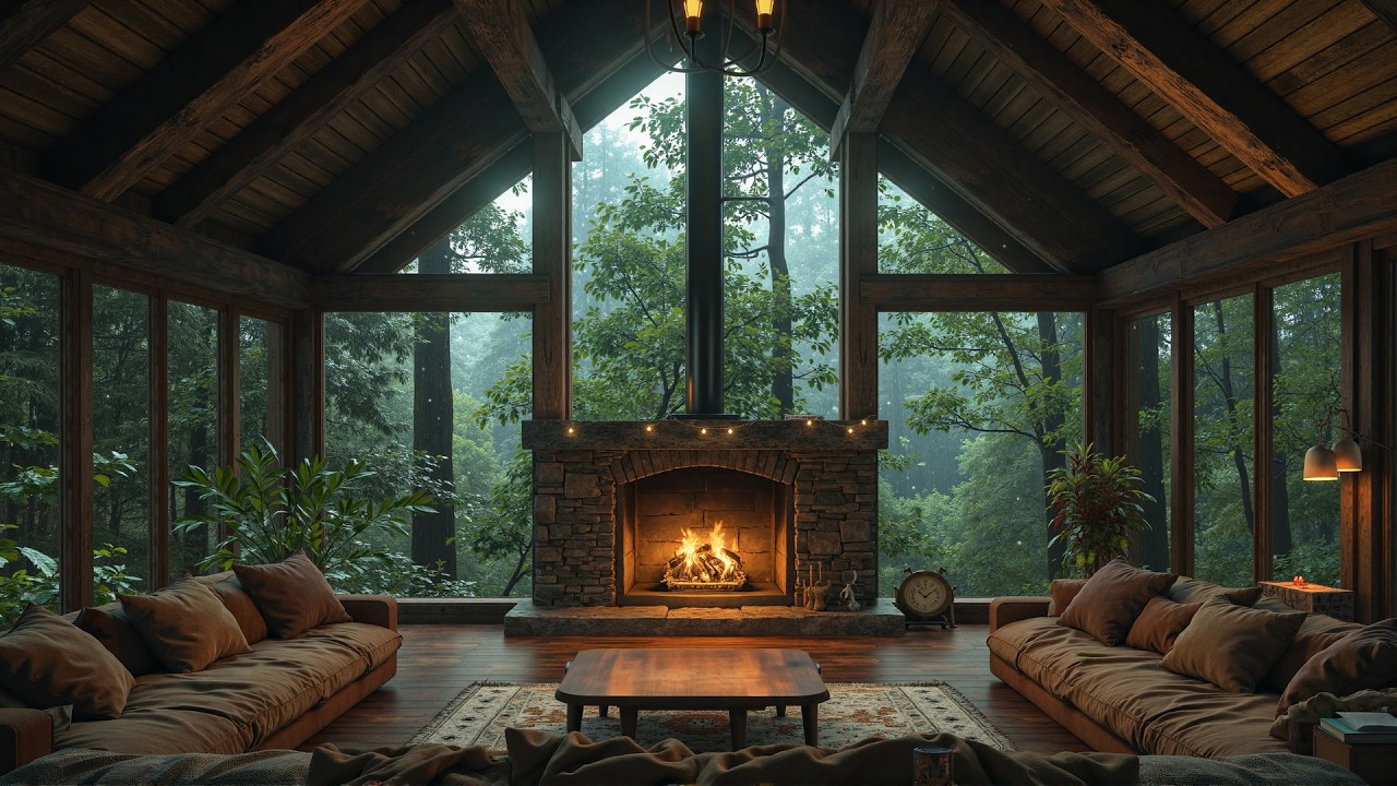 Warm Fireplace Jazz in a Forest Cabin Ambience 🌧️ Cozy Interior Ambience, Heavy Rain for Relax