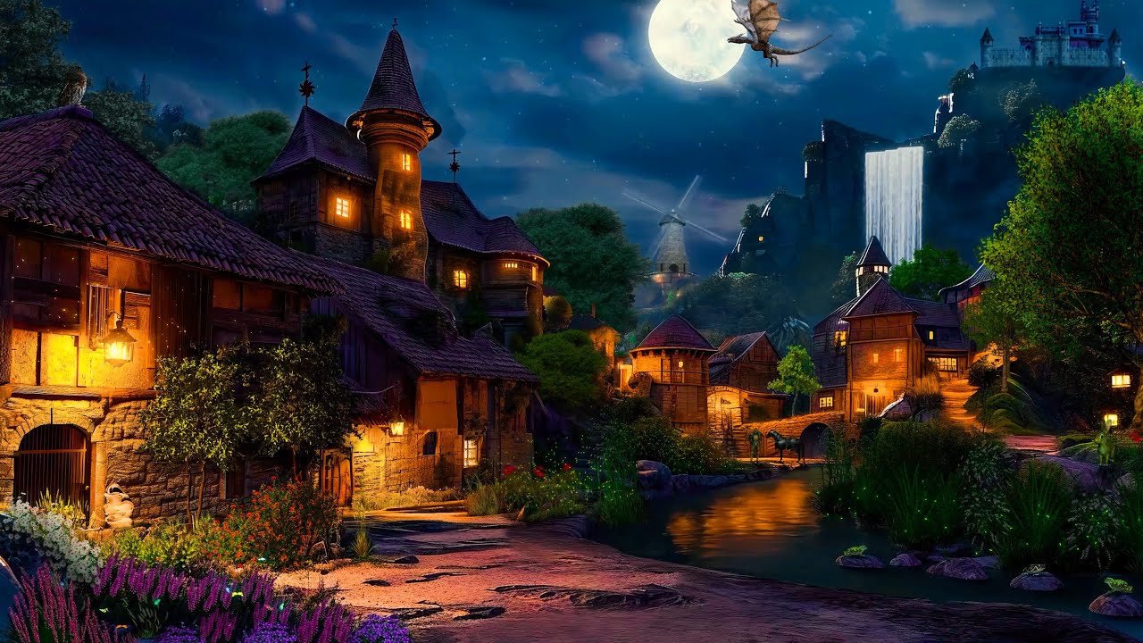 Fantasy Medieval Village Ambience | Relaxing Medieval Village Sounds at Night, Crickets, Owl Sounds