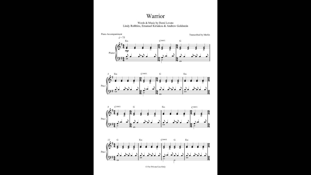 Warrior by Demi Lovato - Piano Accompaniment (Sheet Music)