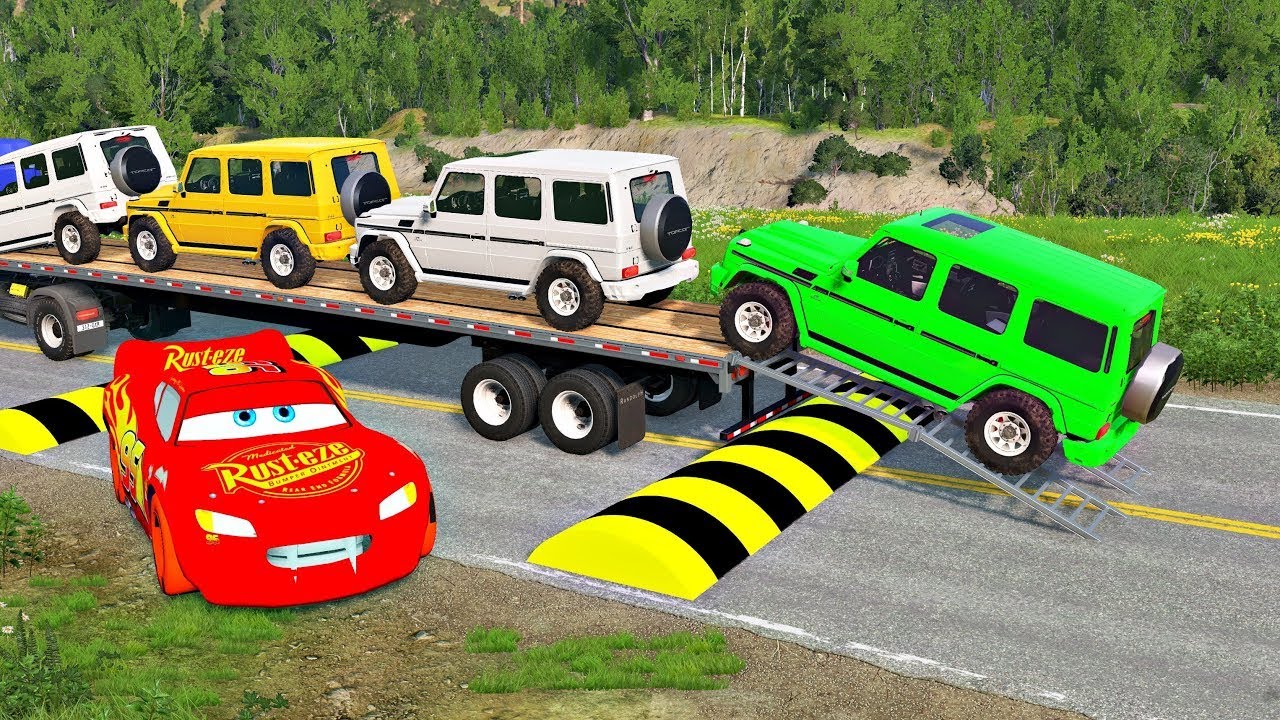 Flatbed Truck Mcqueen | Transportation with Truck - Pothole vs Car #93 - BeamNG.Drive