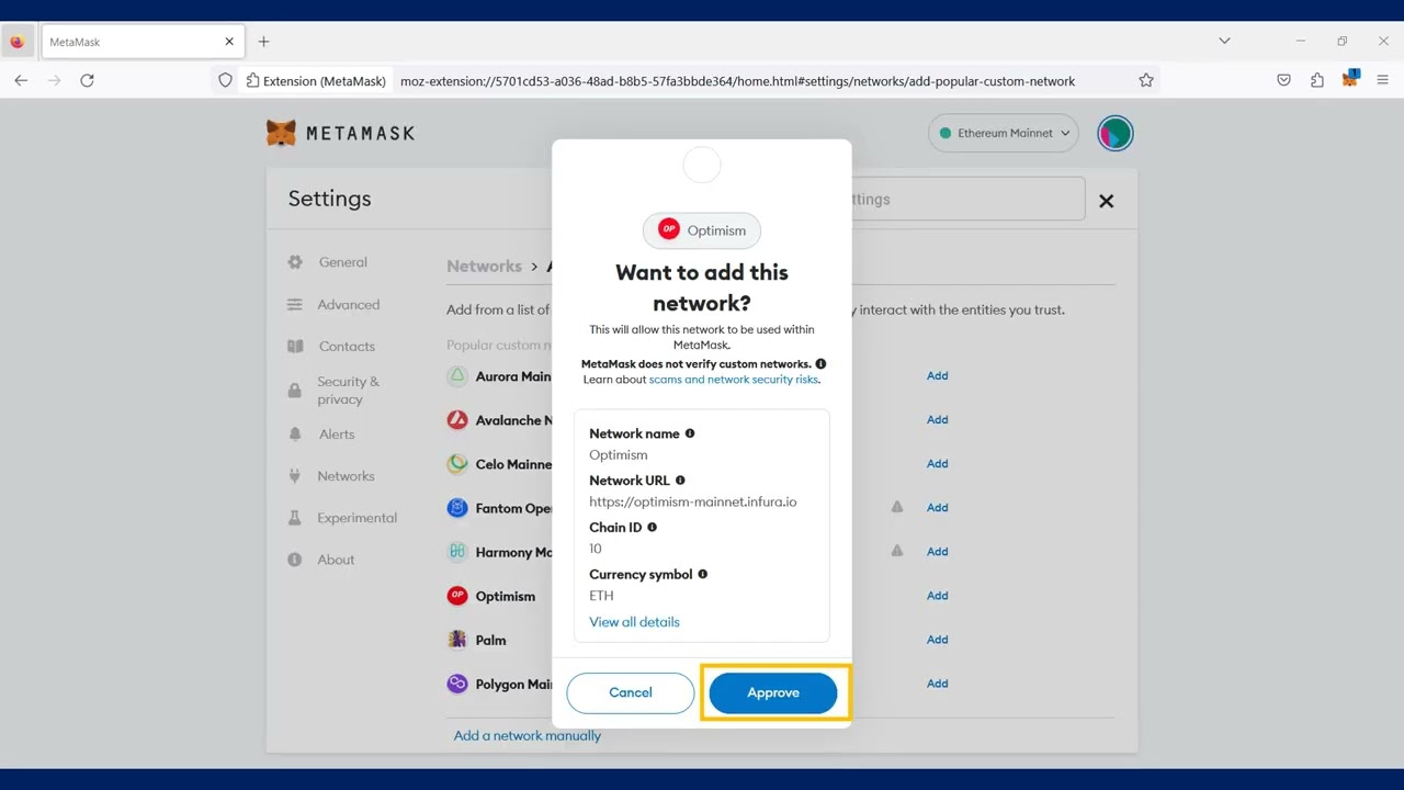 Add Optimism Chain to MetaMask Wallet