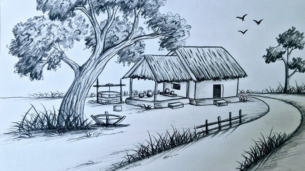 How to draw a beautiful village landscape || Pencil sketch scenery drawing tutorial 