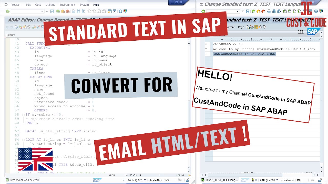 Create Standard Text in SAP - SO10 - Convert for e.g. Email HTML Text [english]