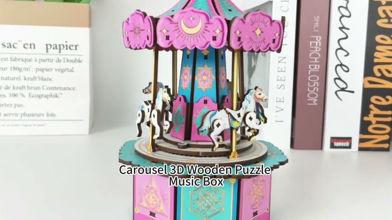 3D Wooden Puzzle Music Box | Carousel Model Detail Showcase & DIY Wooden Craft