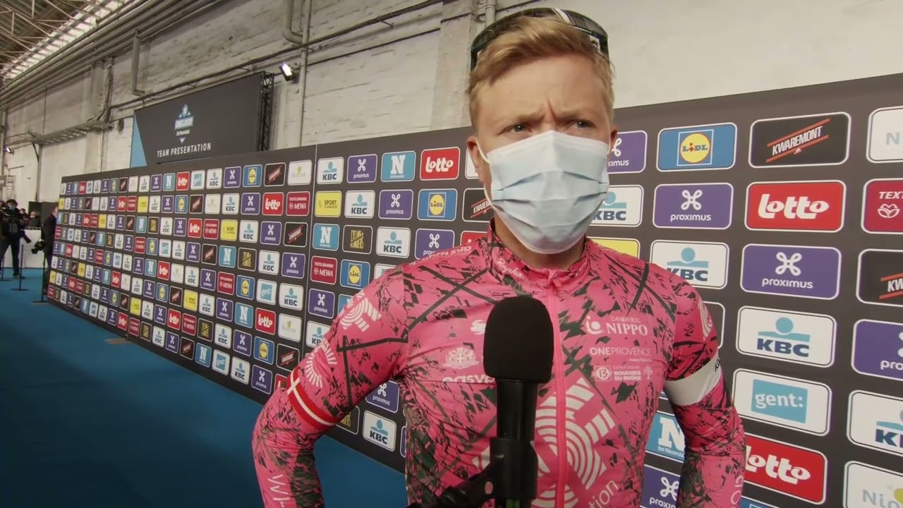 Michael Valgren - Interview at the start - Omloop Het Nieuwsblad 2022
