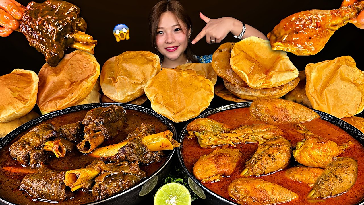 SPICY VILLAGE MUTTON CURRY🥵🔥SPICY CHICKEN LEG🍗CURRY WITH MASSIVE PURI MUKBANG | BIG BITES | #mikasa