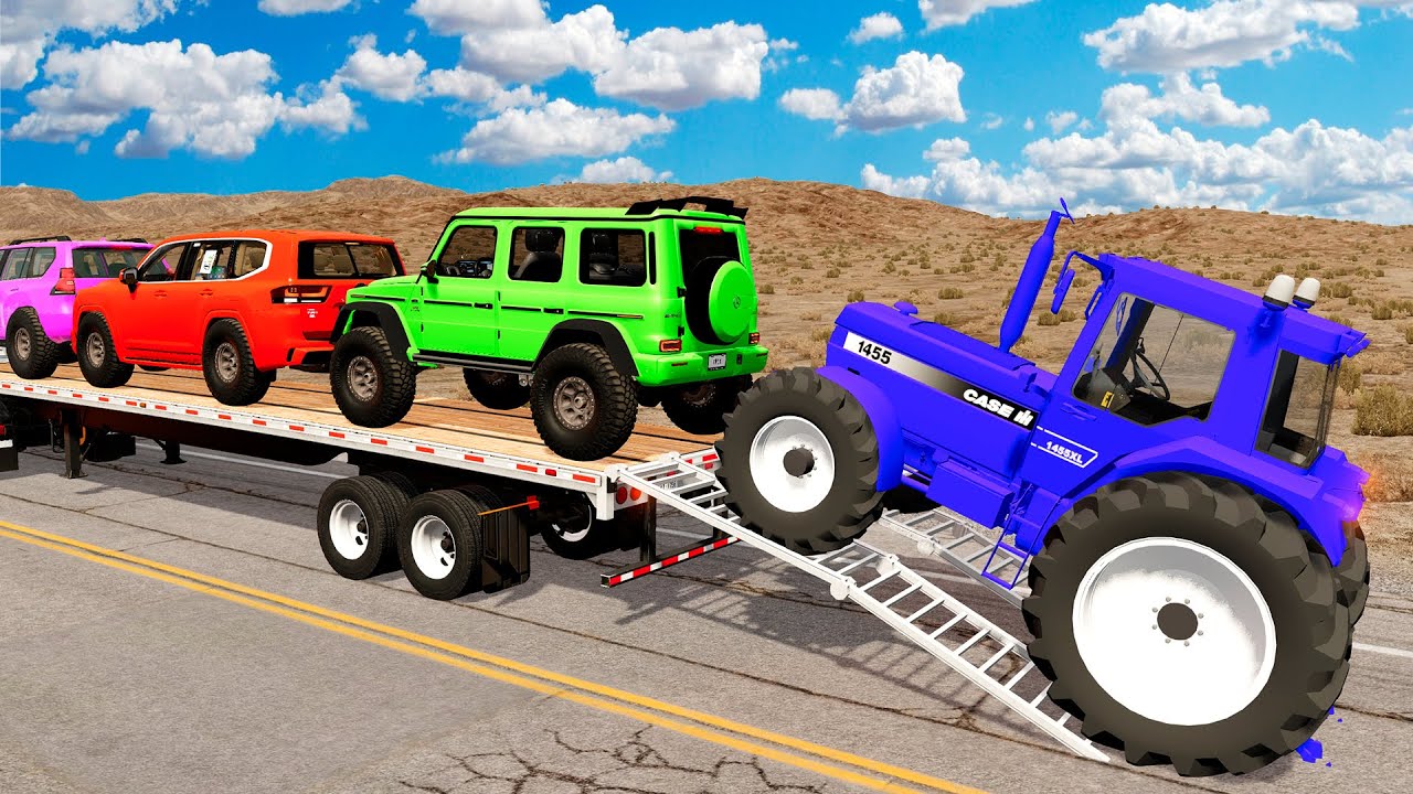 TRANSPORTING PIXAR CARS & FRUITS WITH COLORED & JOHN DEERE vs CLAAS vs TRACTORS - BeamNG.drive #983