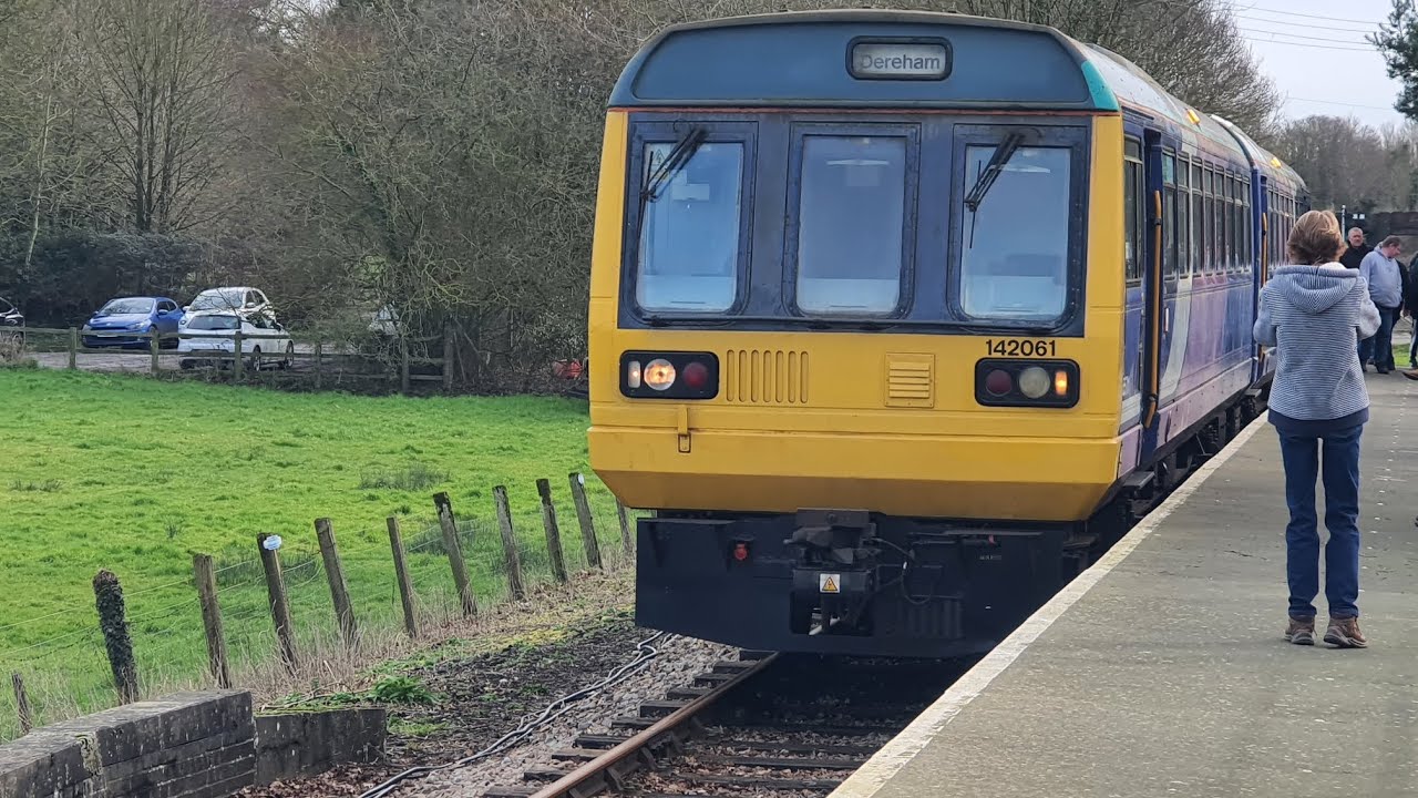 Class 142 Pacer departing Wymondham with a 2 tone!!! (Mid-Norfolk Railway)