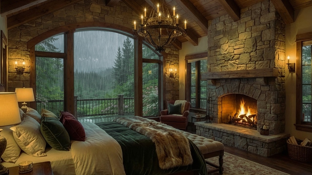 Rainy at Night in a Castle Suite by the Fireplace | Dark Academia Piano & Hearth Ambience for Study