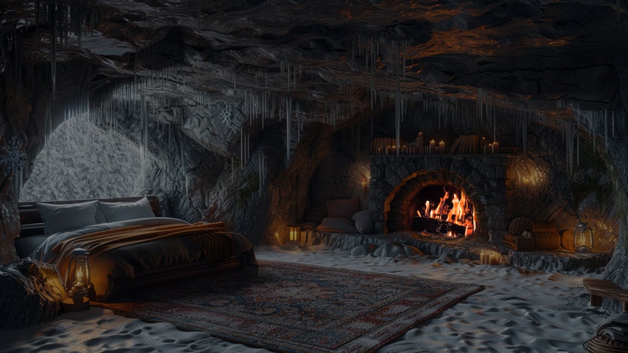 Cozy Fireplace in a Snowy Cave House – Relaxing Winter Ambience with Crackling Fire - DEEP SLEEP