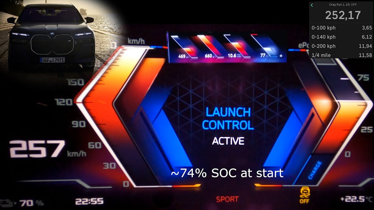 BMW i7 M70 xDrive acceleration 0-60 mph 0-100 km/h 100-200-250 kph top max speed GPS 1/4 mile