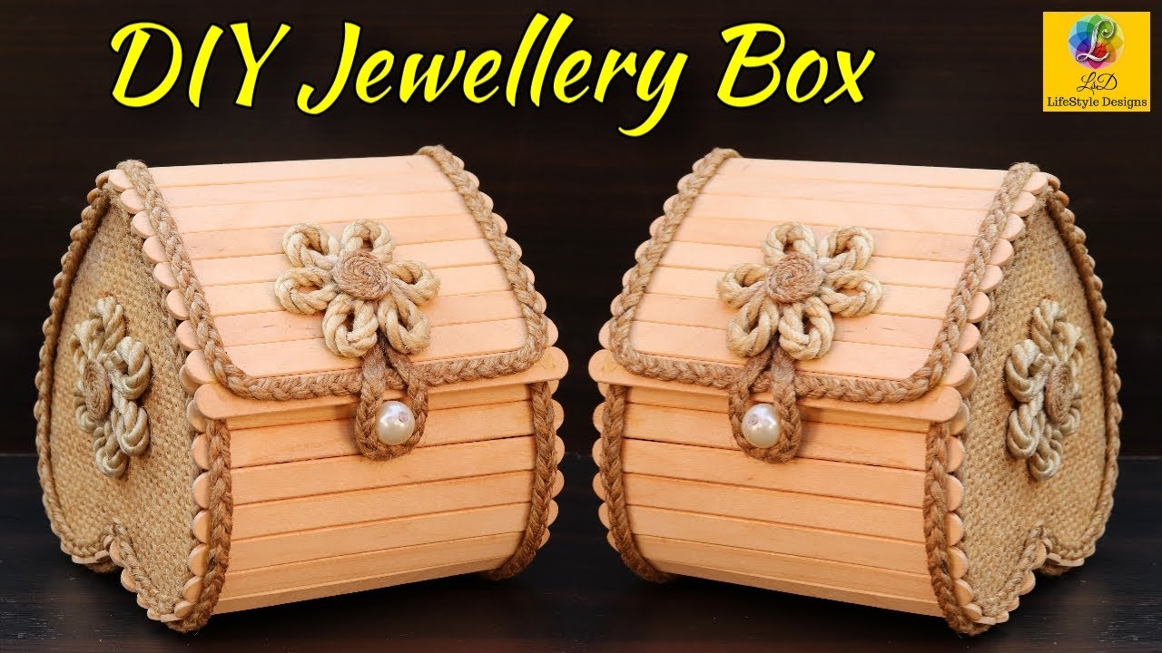 Beautiful jewelry box with Jute, Popsicle Sticks and Cardboard | DIY Jewelry Box Design Craft Idea