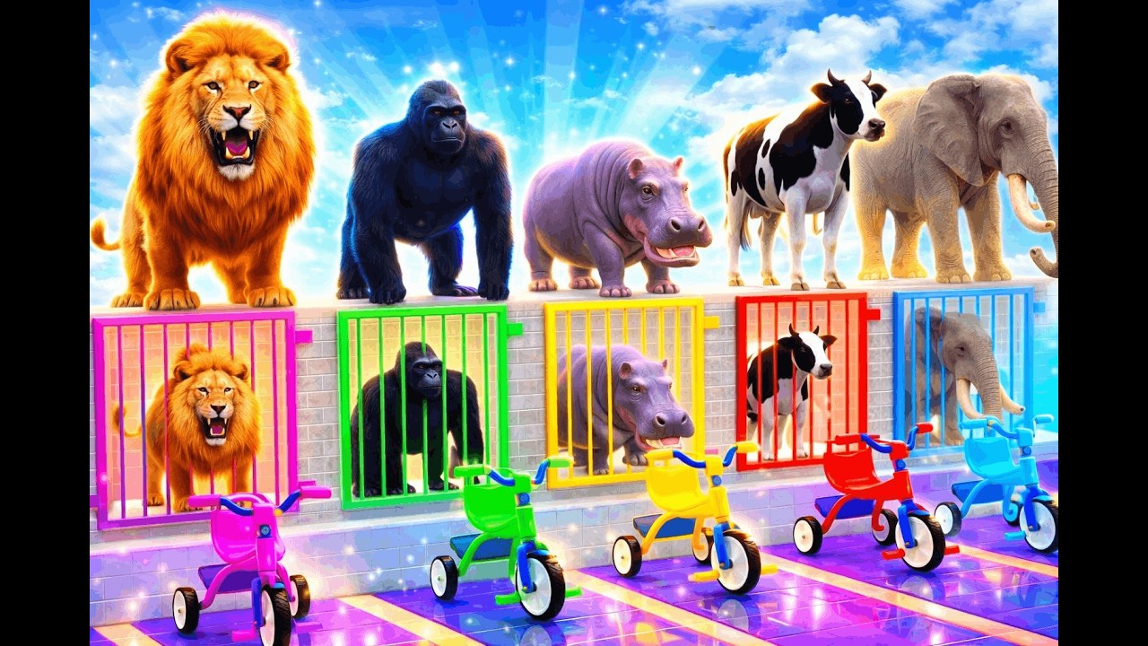 Long Slide Game with Cow Elephant Gorilla Hippopotamus Tiger | 3d Animal Game | Funny 3d Animals