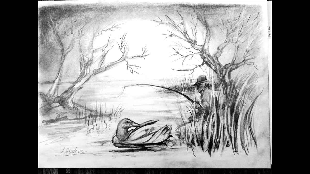 VISSER en VIJVER tekenen Grafiet tekening