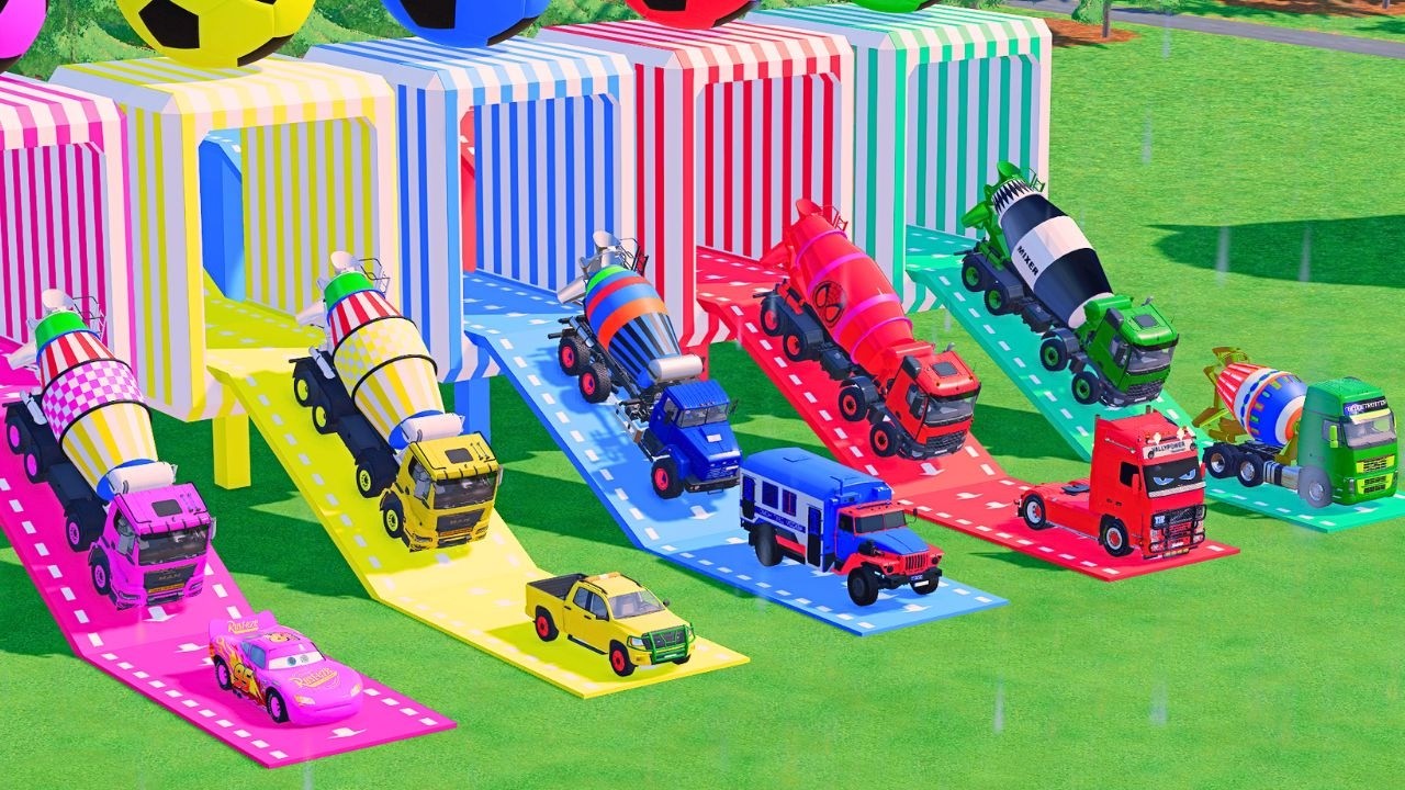 TRANSPORTING POLICE CARS, AMBULANCE, FIRE TRUCK, COLORFUL CARS WITH MIXER TRUCK ! FS22 #32