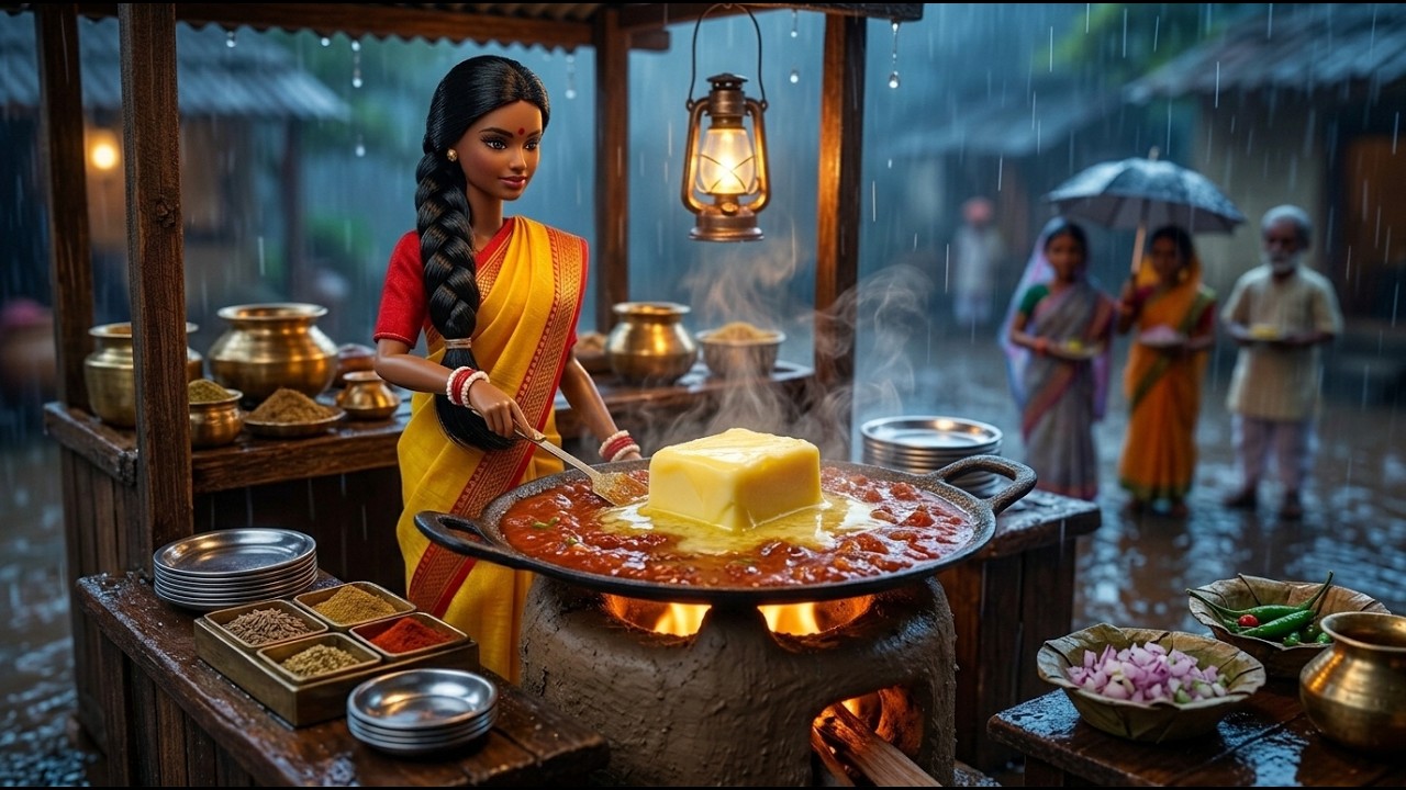 Rainy day in Miniature Doll Village | Insane Giant Tawa Butter Pav Bhaji for 1,000 Villagers