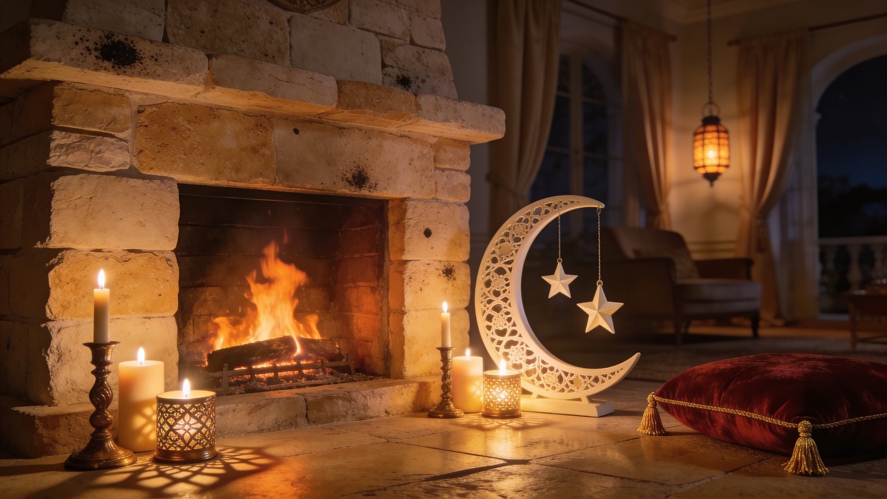 Ramadan Moon 🌙 Beautiful Ramadan Ambience | Fireplace, Candles & Islamic Relaxation